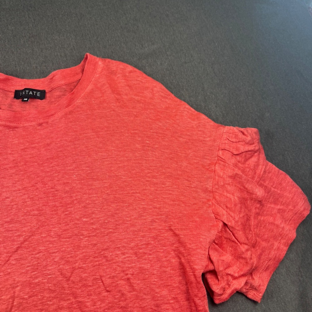1.STATE‎ Womens Coral Pink Ruffle Sleeve Slub Knit Crew Neck Top Size Medium